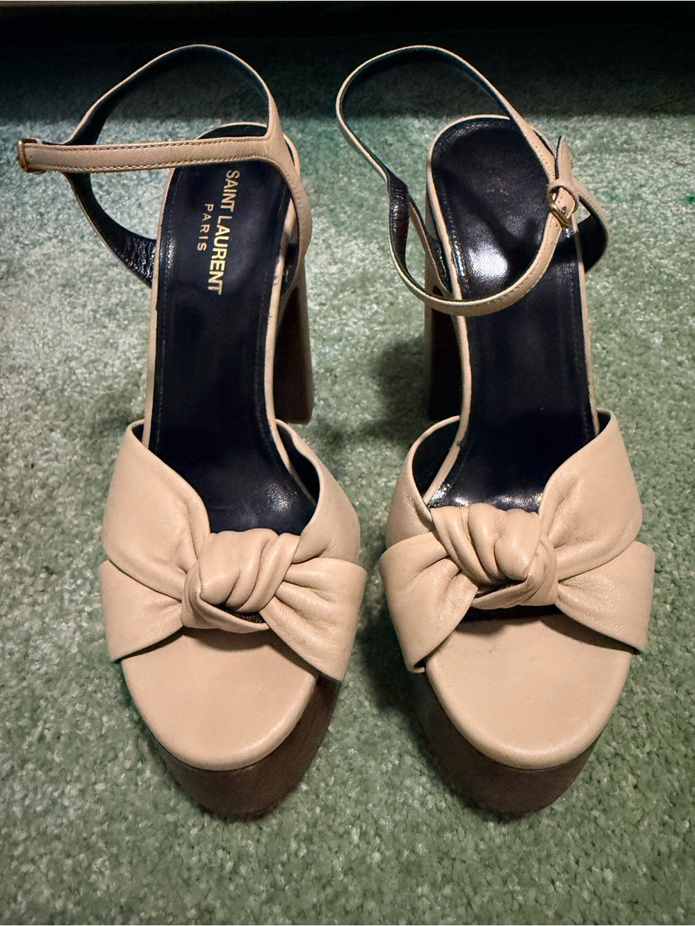 Saint Laurent Beige Knotted Leather Platform Sandals